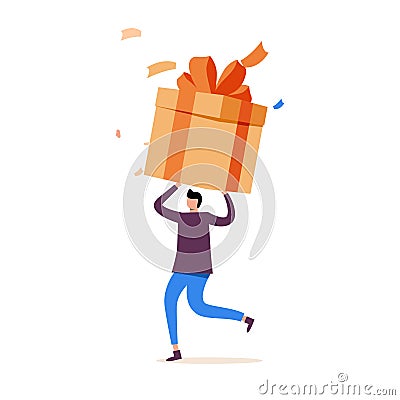 Happy person holding huge gift box. Woman carrying big enormous present wrapped in festive wrapping paper. Holiday Vector Illustration