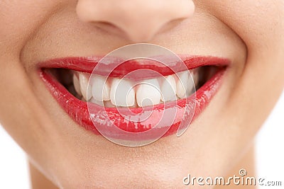 Happy person, red lipstick and closeup of teeth with makeup in cosmetics, gloss or dental treatment. Color lips of woman Stock Photo