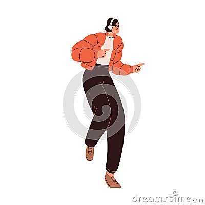 Happy person in wireless headphones dancing to music outdoors. Smiling enjoying excited young woman listening to song Vector Illustration