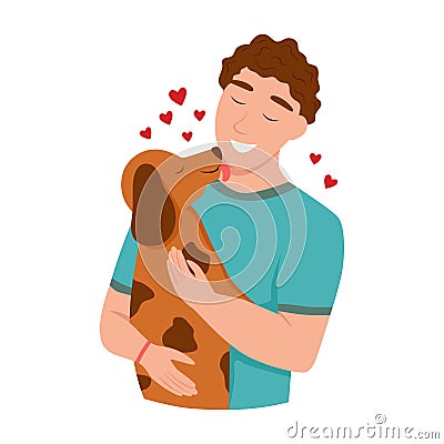 Happy pet owners. A young man hugs a dog Vector Illustration