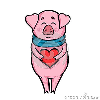 Happy pig with scarf and heart in hands for Chinese new year or Christmas or Valentines love day greeting card, holiday poster, br Stock Photo