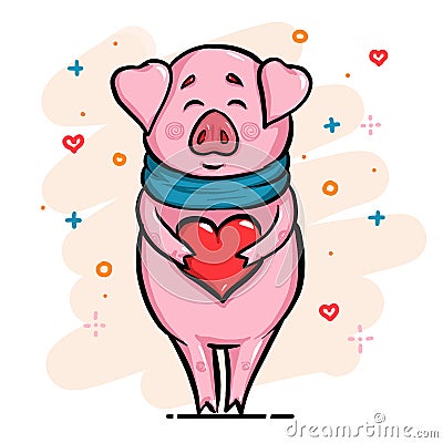 Happy pig with scarf and heart in hands for Chinese new year or Christmas or Valentines love day greeting card, holiday poster, br Stock Photo