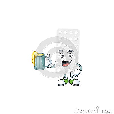 Happy pills mascot style toast with a glass of beer Vector Illustration