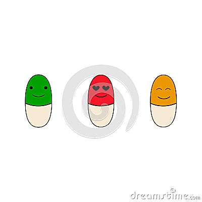 Happy pills and pills with emotions and face Vector Illustration