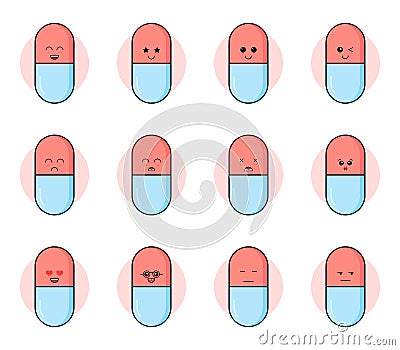 Happy pills are smiling. Cute pills and tablets on a white background. Medicines with emotions, eyes, a smile, happiness Vector Illustration