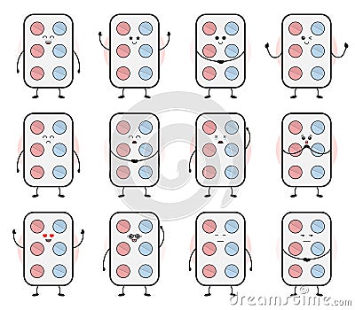 Happy pills are smiling. Cute pills and tablets on a white background. Medicines with emotions, eyes, a smile, happiness Vector Illustration