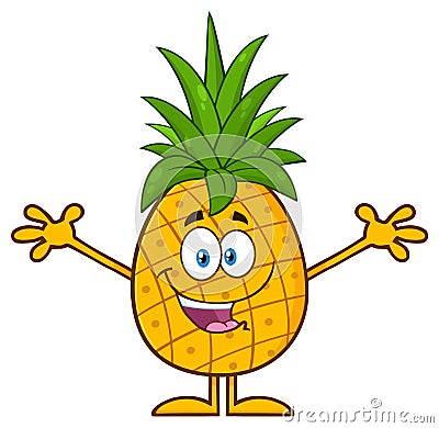 Happy Pineapple Fruit With Green Leafs Cartoon Mascot Character With Open Arms For Hugging Vector Illustration