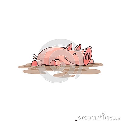 Happy pink pig lying in dirt. Farm animal. Domestic creature. Cartoon character. Vector design Vector Illustration