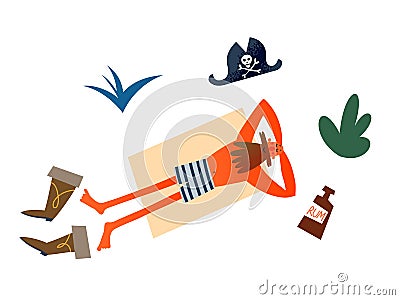 Happy pirate lying on beach resting. Sailor with beard, bottle of rum, piratic hat and boots nearby isolated on white Vector Illustration