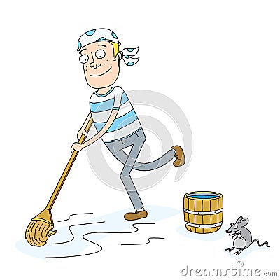 Happy pirate moping the ship floor Vector Illustration