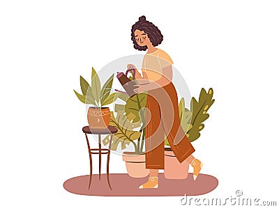 Happy plant lady. Young Afro-American woman plant lover taking care of houseplant. Girl watering a potted plant. Flat Vector Illustration