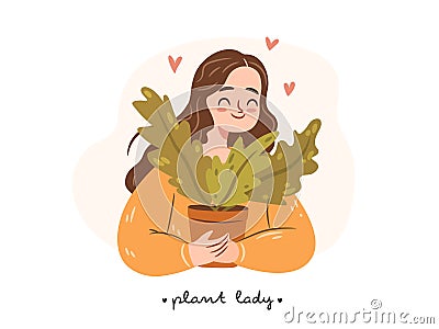 Happy plant lady. Young woman plant lover embracing a potted houseplant. Cute girl character on white background. Flat Vector Illustration