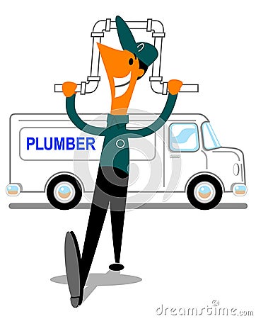 Happy plumber with pipe and van Vector Illustration