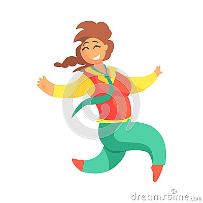 Happy Plus Size Woman In Red Vest And Green Pants With Plat Running, Enjoying Life, Smiling Overweighed Girl Cartoon Vector Illustration