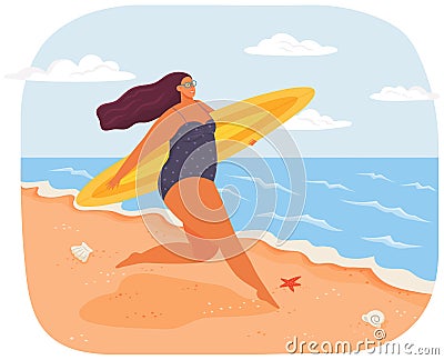 Happy plus size woman in swimsuit with surfboard running along beach. Active body positive concept Vector Illustration
