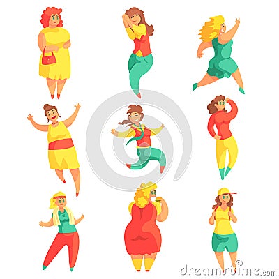 Happy Plus Size Women In Colorful Fashion Clothes Enjoying Life Set Of Smiling Overweighed Girls Cartoon Characters Vector Illustration