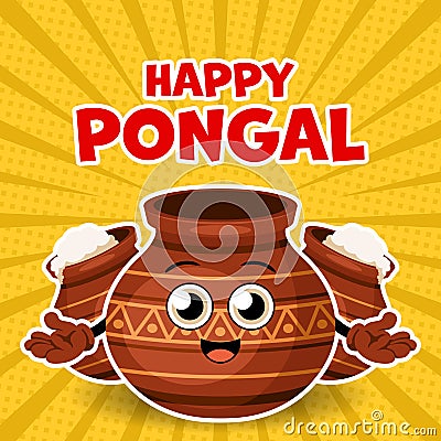 Happy Pongal cartoon style card for harvest festival celebration with cheerful tradional clay pot cartoon characters Vector Illustration