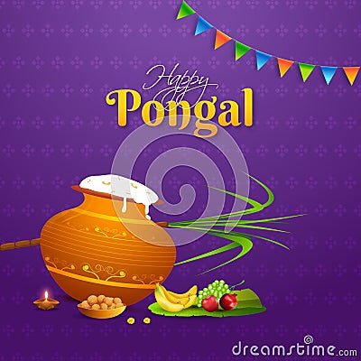 Happy Pongal greeting card design with pongali rice in mud pot, fruit, banana leaf, sugarcane and Indian sweets. Stock Photo