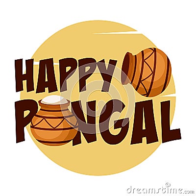 Happy Pongal harvest festival lettering in India with clay pot with food and sun in background Vector Illustration