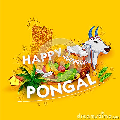 Happy Pongal Holiday Harvest Festival of Tamil Nadu South India greeting background Vector Illustration