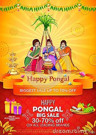Happy Pongal Holiday Harvest Festival of Tamil Nadu South India Sale Vector Illustration