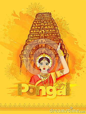 Happy Pongal template or greeting card design with beautiful woman and sketching of Meenakshi temple. Stock Photo