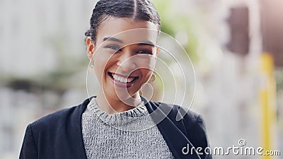 Happy, portrait and business woman in city for happiness, professional and smile. Confident, career and natural with Stock Photo