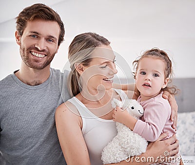Happy portrait and family in bedroom with child in loving home with young and caring parents. Love, care and trust of Stock Photo