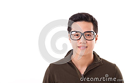 Happy, positive, clever genius nerd or geek man with glasses, text or copy space Stock Photo