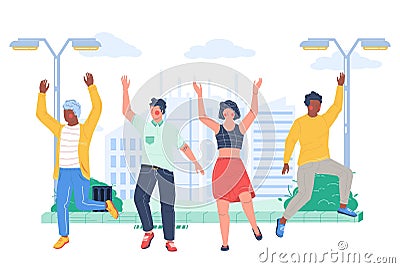 Happy positive people on street over cityscape background Vector Illustration