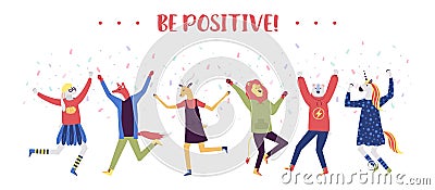 Happy positive young character laughing people jumping with raised hands vector illustration. Flat colored incartoon Vector Illustration