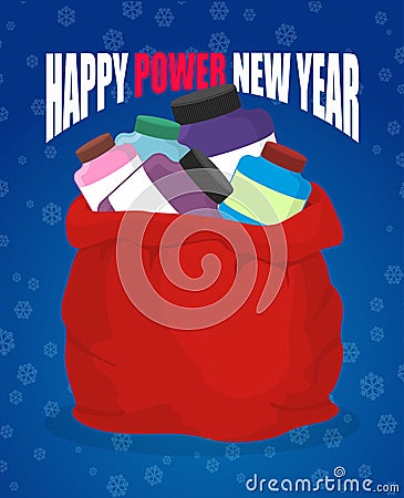 Happy power new year. Protein in red sack of Santa Claus. Big ba Vector Illustration