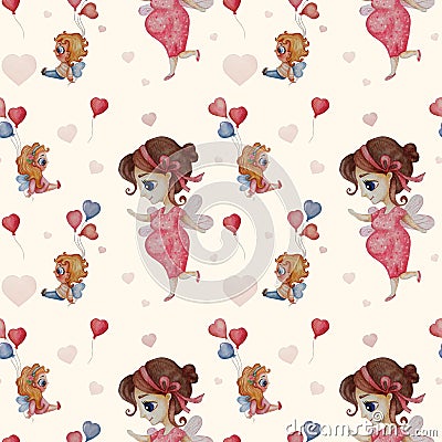 Happy pregnancy seamless pattern. Cute pregnant fairy girl on a gentle pink background with angel children, balloons and Stock Photo