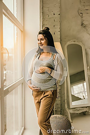 Third trimester pregnant woman standing near the window Stock Photo