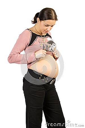 Happy pregnancy women look to Stock Photo