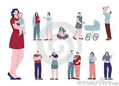Happy pregnant characters, woman hold newborn baby. Little children with mother and father, young family. Pregnancy Vector Illustration