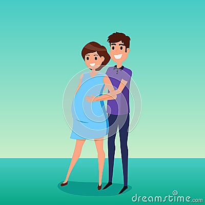 Happy pregnant couple. Pregnant wife and husband. Vector Illustration