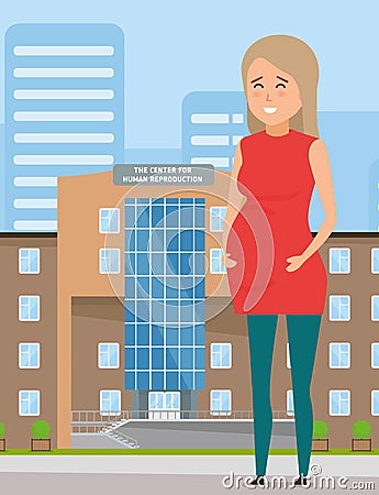 Happy Pregnant girl against the building of the center for human reproduction Vector Illustration