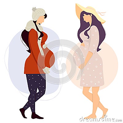 Happy pregnant girl in winter clothes and cute woman in summer clothes hugs her belly. Vector illustration. Concept of Vector Illustration