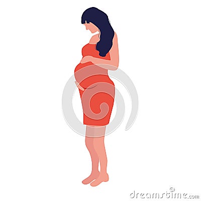 Happy pregnant holding her belly woman. Logo modern flat design illustration. Type of pregnancy resources. Active well built pregn Cartoon Illustration