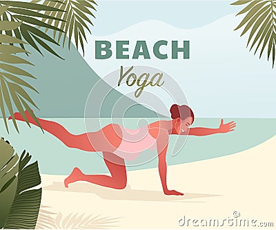 Happy pregnant woman doing yoga on the beach. Summer retreat. Vector Illustration