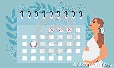 Happy pregnant woman holding her belly. Pregnant woman with calendar. The expectation of child. Vector illustration Vector Illustration