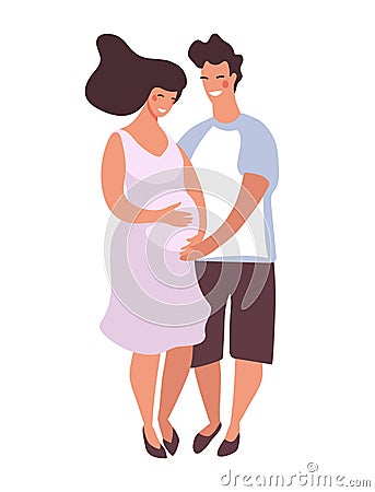 Happy pregnant woman with partner. A man hugs the belly of a pregnant woman. Flat funny cartoon vector illustration of Vector Illustration