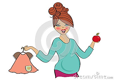 Happy pregnant woman at shopping, isolated on white background Vector Illustration