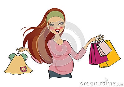 Happy pregnant woman at shopping, isolated on white background Vector Illustration