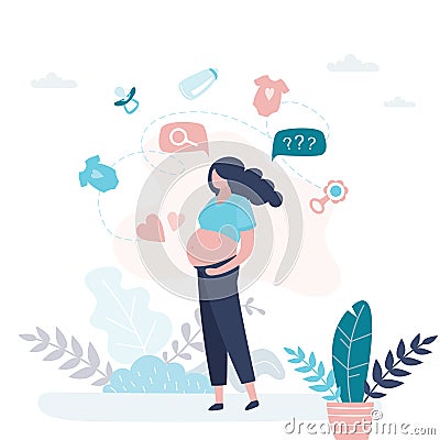 Happy pregnant woman thinks about things and toys for a newborn baby. Pregnancy and the period before childbirth Vector Illustration