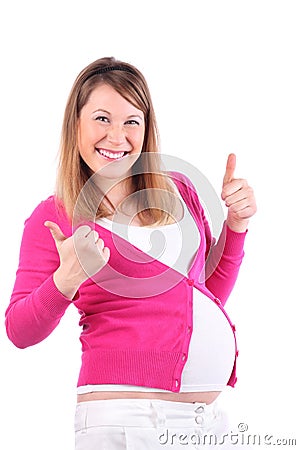 Happy pregnant woman thumbs up isolated Stock Photo
