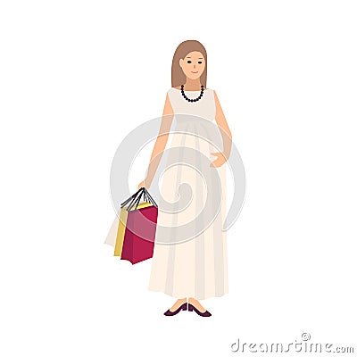 Happy pregnant woman wearing dress and carrying shopping bags with purchases isolated on white background. Young mother Vector Illustration