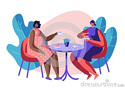 Happy Pregnant Women Spend Time Together Visiting Cafe for Cup of Tea and Chatting, Meeting Friends. Healthy Pregnancy Lifestyle Vector Illustration