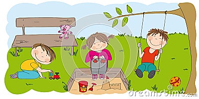 Happy preschool children playing outside in the park / garden. Vector Illustration